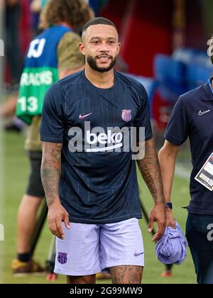 24. Juli 2021, Sant Joan Despi, Spanien: Memphis Depay während des Vorsaison-Freundschaftsspiel zwischen dem FC Barcelona und dem FC Girona im Johan Cruyff Stadium in Sant Joan Despi, Spanien. (Bild: © David Ramirez/DAX via ZUMA Press Wire) Stockfoto