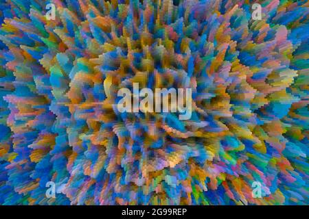 Abstrakter Hintergrund mit mehrfarbigen Scheidungen und Formen im Dunkeln. 3d-Bild, 3d-Rendering Stockfoto