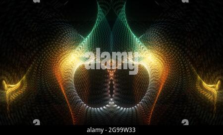 Abstrakte 3D-Illustration Glow Yellow Green Wire Mesh für Business Technology auf schwarzem Hintergrund. 3D-Rendering Net Grid Digitaler Cyberspace für Hi-Tech Stockfoto