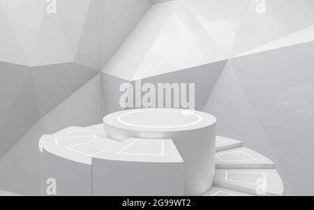 Weißes, minimalistisches Podium für Produktvitrine mit 3D-Darstellung der Treppe Stockfoto