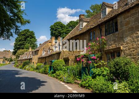 Cotswold Cotswold Cottages und Pink Roses auf der Straße durch Snowshill Village, Gloucestershire, England Stockfoto