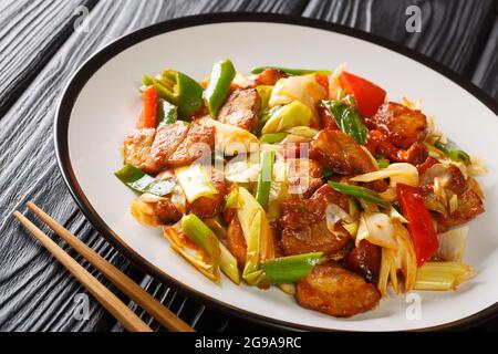Chinesisches würziges Schweinefleisch Rühren Sie zweimal gekochtes Schweinefleisch in Soße und Gemüse in der Nähe auf dem Teller auf dem Holztisch. Horizontal Stockfoto