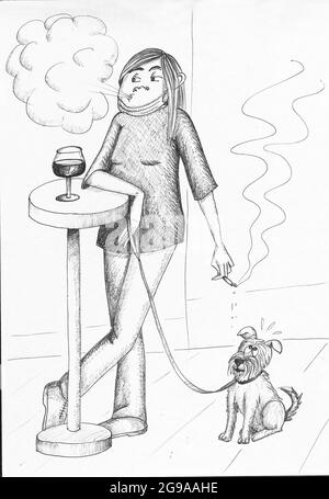 Die Frau trinkt mit ihrem Hund Wein. Abbildung. Stockfoto