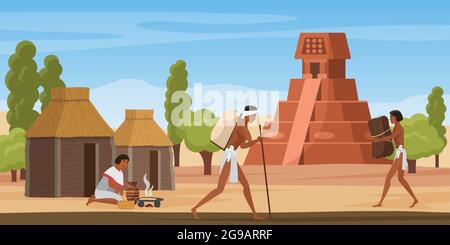 Aztekische Dorflandschaft mit Stammesmenschen, alte maya Zivilisation Vektor-Illustration. Cartoon Altar Pyramidengebäude, Wandern maya azteken Figuren zwischen Hütten, Frau Kochen Lebensmittel Hintergrund Stock Vektor