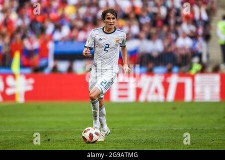 Moskau, Russland - 1. Juli 2018. Der Verteidiger der russischen Fußballnationalmannschaft, Mario Fernandes, während der FIFA Fußball-Weltmeisterschaft 2018, gewann das Spiel Spanien gegen Russland in der Runde 16. Stockfoto