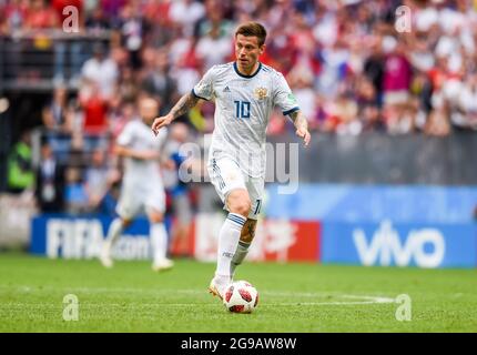 Moskau, Russland - 1. Juli 2018. Die russische Fußballnationalmannschaft Stürmer Fedor Smolov während der FIFA Fußball-Weltmeisterschaft 2018 Runde von 16 Spiel Spanien gegen Russland. Stockfoto