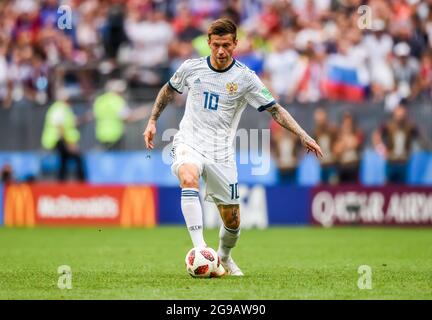 Moskau, Russland - 1. Juli 2018. Die russische Fußballnationalmannschaft Stürmer Fedor Smolov während der FIFA Fußball-Weltmeisterschaft 2018 Runde von 16 Spiel Spanien gegen Russland Stockfoto