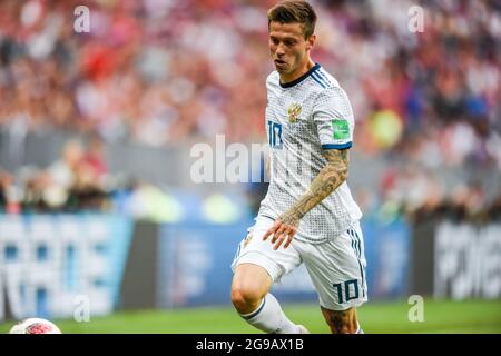 Moskau, Russland - 1. Juli 2018 die russische Fußballnationalmannschaft Stürmer Fedor Smolov während der FIFA Fußball-Weltmeisterschaft 2018 Runde von 16 Spiel Spanien gegen Russland Stockfoto