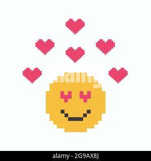 Pixel Art Emoticon in Liebe mit Herzen. Vektorgrafik. Stock Vektor