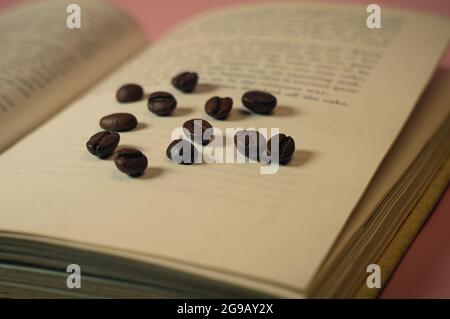 Kaffeebohnen liegen ordentlich auf einem offenen Buch, Seitenansicht Stockfoto