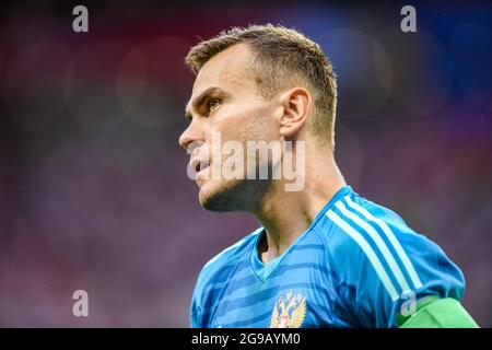 Moskau, Russland - 1. Juli 2018. Der Torhüter der russischen Fußballnationalmannschaft Igor Akinfeev beim Elfmeterschießen in der FIFA-Weltmeisterschaft 2018, das Spiel der 16. Runde Stockfoto