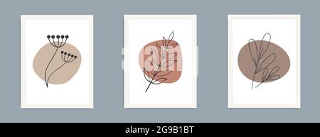 Eine Reihe von Postern in trendigen Boho-Farben. Handgezeichnete abstrakte Elemente Blumen und Blätter. Sammlung von Postern zeitgenössischer Kunst. Minimalistischer Stil Stock Vektor
