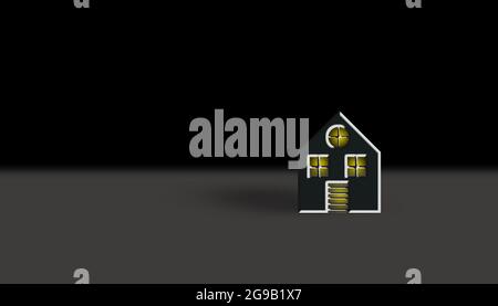 Dreidimensionales Haus auf schwarzem Nachthintergrund Minimal mit Kopierraum. Haus 3d Symbol in Grey Floor Haus zum Verkauf Konzept. Stockfoto
