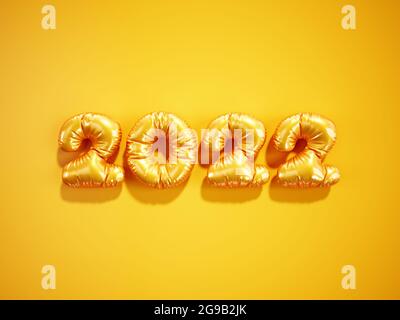 Weihnachten und ein glückliches neues Jahr 2022 Ballon orange goldene Zahlen auf gelbem Hintergrund. 3d-Rendering Happy New Year 2022 Logo-Design. Stockfoto