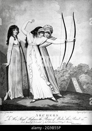 Adam Buck 1799 Illustration zum Frauen-Bogenschießen. Stockfoto