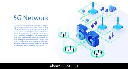 5G-Netz-Webbanner-Hintergrund für die Telekommunikationsbranche. isometrische 3D-Vektordarstellung von 5G-Telefonie und -Antennen. Stock Vektor