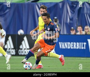 Nashville, TN, USA. Juli 2021. Cincinnati-Mittelfeldspieler Yuya Kubo (7) im Einsatz während des MLS-Spiels zwischen dem FC Cincinnati und dem SC Nashville im Nissan Stadium in Nashville, TN. Kevin Langley/CSM/Alamy Live News Stockfoto