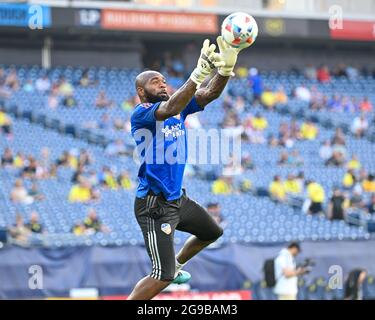 Nashville, TN, USA. Juli 2021. Cincinnati-Torwart Kenneth Vermeer (25), im Einsatz während des MLS-Spiels zwischen dem FC Cincinnati und dem SC Nashville im Nissan Stadium in Nashville, TN. Kevin Langley/CSM/Alamy Live News Stockfoto