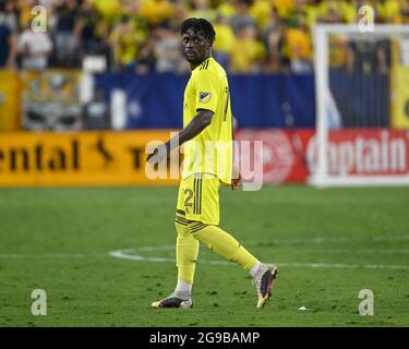 Nashville, TN, USA. Juli 2021. Der Nashville-Stürmer Ake Loba (72) tritt während des MLS-Spiels zwischen dem FC Cincinnati und dem SC Nashville im Nissan Stadium in Nashville, TN, zum ersten Mal in seinem Heimspiel auf. Kevin Langley/CSM/Alamy Live News Stockfoto