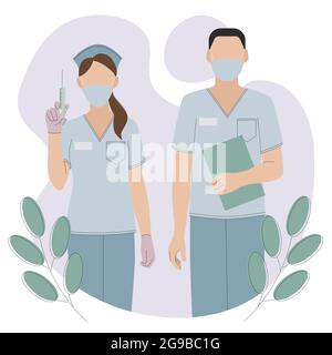 Internationaler Krankenschwesterntag. Vektor-flache Illustration für den Tag des Arztes oder den Tag der Stillzeit. Cartoon medizinisches Personal: Krankenschwester mit Maske und Spritze, männliche Krankenschwester mit Stock Vektor