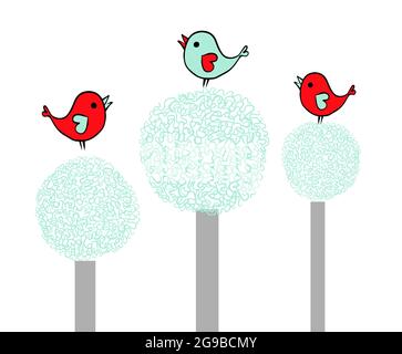 Stilisierte Vögel auf magischen abstrakten Bäumen. Vektorgrafik Stock Vektor