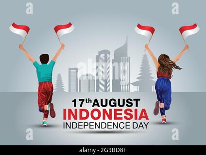 Happy Independence Day 17. August. Ein Junge und ein Mädchen laufen mit indonesischer Flagge. vektor-Illustration Design. Stock Vektor