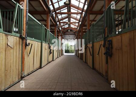 Im Inneren moderner klarer Stall oder Scheune mit Pferdekisten. Blick auf den Durchgang in natürlichem Licht am Ende. Leeren Stall im Stall geräumt halten Sporthoren Stockfoto