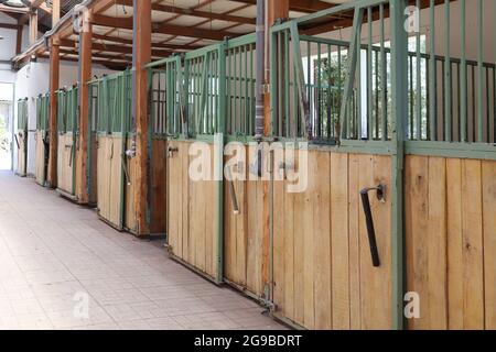 Im Inneren moderner klarer Stall oder Scheune mit Pferdekisten. Blick auf den Durchgang in natürlichem Licht am Ende. Leeren Stall im Stall geräumt halten Sporthoren Stockfoto