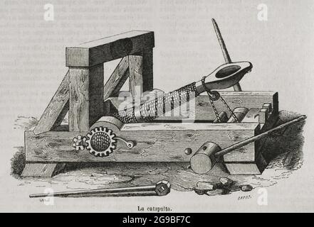 Antike Geschichte. Das Katapult. Belagerungsmaschine verwendet, um Objekte aus der Ferne als Geschosse zu werfen. Gravur von Capuz. Historia General de España von Pater Mariana. Madrid, 1852. Autor: Tomas Carlos Capuz (1834-1899). Spanischer Graveur und Xylograph. Stockfoto