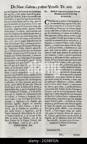 Constituciones y otros Derechos de Cataluña (Konstitutionen und andere Rechte Kataloniens), zusammengestellt aus den Corts von König Philipp IV. Erster Band. Gedruckt im Haus von Joan Pau Marti und Joseph Llopis Estampers, 1704. Drittes Buch. Über die Konstitutionen Kataloniens. Auf Schiffen, Galeeren und anderen Schiffen. Titel XXIV. Philipp II. Von Aragon (1598-1621), der 1599 den ersten Gerichten von Barcelona vorstand. Historische Militärbibliothek von Barcelona, Katalonien, Spanien. Stockfoto