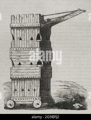 Belagerungsturm oder durchbrechender Turm. Belagerungs-Motor. Gravur. Historia General de España von Pater Mariana. Madrid, 1852. Stockfoto