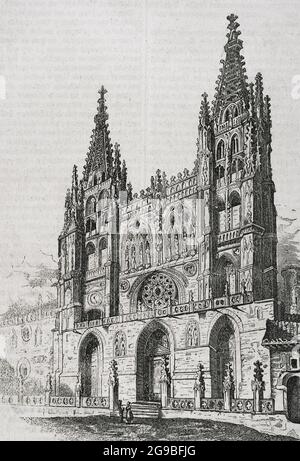 Spanien. Kastilien-Leon. Burgos. Gesamtansicht der Hauptfassade der Kathedrale. Gravur. Historia General de España von Pater Mariana. Madrid, 1852. Stockfoto