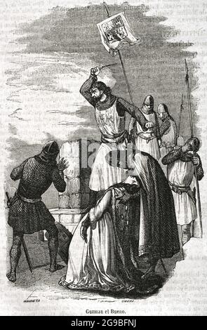 Alonso Pérez de Guzmán, genannt Guzmán el Xeno (Guzman der gute) (1256-1309). Leonesischer Militär und Adliger, Gründer des Hauses Medina Sidonia. Guzmán el Xeno warf seinen Dolch in der Belagerung von Tarifa, damit er seinen entführten Sohn töten konnte, bevor er den Platz dem Feind gab. Illustration von Urrabieta. Stich von Cibera. Historia General de España von Pater Mariana. Madrid, 1852. Autor: Urrabieta, spanische Künstlerin. Ildefonso Cibera, spanischer Kupferstecher, 19. Jahrhundert. Stockfoto