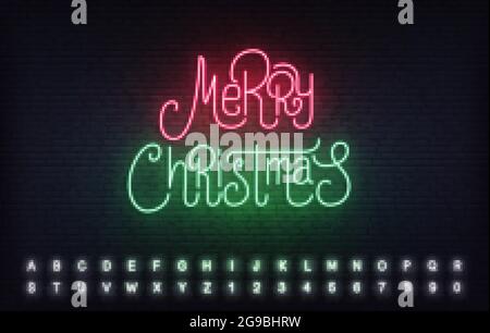 Fröhliche Weihnachten Neon-Schriftzug Vorlage. Helles Zeichen für die Weihnachtsfeier Stock Vektor