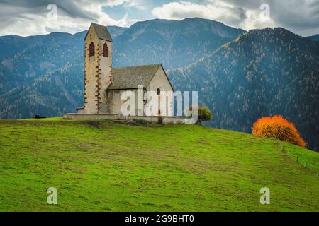 Berühmte Kirche des Hl. Jakob (San Giacomo) auf der grünen Wiese. Alte Kirche und hohe Berge im Hintergrund, in der Nähe von Santa Maddalena Dorf in Funes valle Stockfoto