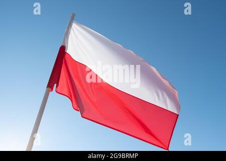 Flagge Polens auf blauem Himmel Hintergrund. Polnische Flagge winkt bei Wind und Sonnenlicht Stockfoto