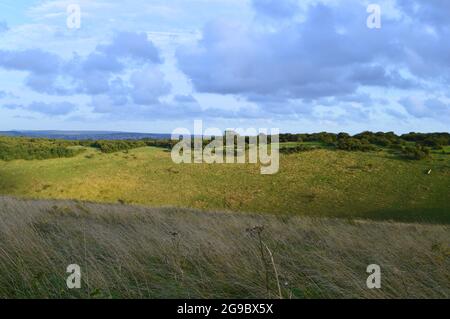 Hügel und Landschaft Devils Dyke, England an einem sonnigen Abend Stockfoto