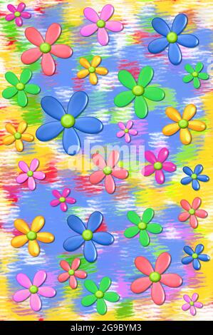 3D-Gänseblümchen schweben auf einem Hintergrund gedämpfter Farben in Gelb, Blau und Rosa. Stockfoto