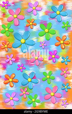 3D-Gänseblümchen schweben auf einem Hintergrund gedämpfter Farben in Aqua, Orange und Pink. Stockfoto