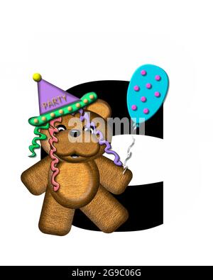 Der Buchstabe C im Alphabet-Set „Teddy Birthday“ ist schwarz. Teddybär, Partyhut und Luftballons schmücken den Brief. Stockfoto