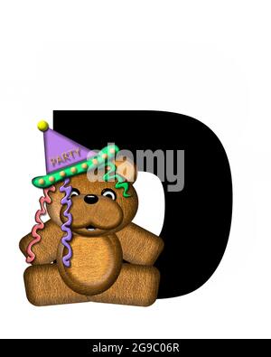 Der Buchstabe D im Alphabet-Set „Teddy Birthday“ ist schwarz. Teddybär, Partyhut und Luftballons schmücken den Brief. Stockfoto