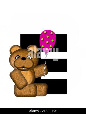 Der Buchstabe E im Alphabet-Set „Teddy Birthday“ ist schwarz. Teddybär, Partyhut und Luftballons schmücken den Brief. Stockfoto