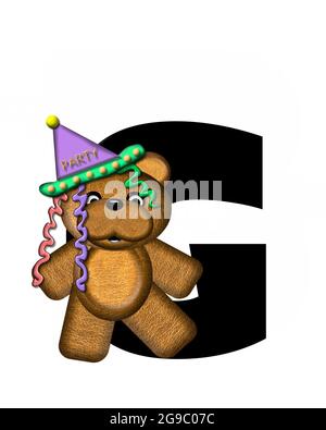 Der Buchstabe G im Alphabet-Set „Teddy Birthday“ ist schwarz. Teddybär, Partyhut und Luftballons schmücken den Brief. Stockfoto