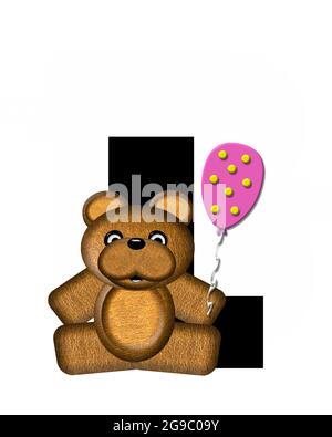 Der Buchstabe L im Alphabet-Set „Teddy Birthday“ ist schwarz. Teddybär, Partyhut und Luftballons schmücken den Brief. Stockfoto