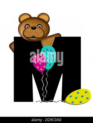 Der Buchstabe M im Alphabet-Set „Teddy Birthday“ ist schwarz. Teddybär, Partyhut und Luftballons schmücken den Brief. Stockfoto