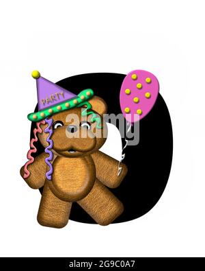 Der Buchstabe O im Alphabet-Set 'Teddy Birthday' ist schwarz. Teddybär, Partyhut und Luftballons schmücken den Brief. Stockfoto