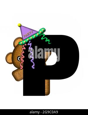 Der Buchstabe P im Alphabetsatz 'Teddy Birthday' ist schwarz. Teddybär, Partyhut und Luftballons schmücken den Brief. Stockfoto