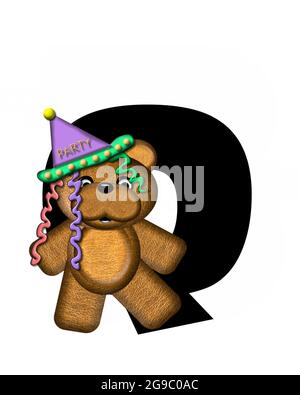 Der Buchstabe Q im Alphabet-Set „Teddy Birthday“ ist schwarz. Teddybär, Partyhut und Luftballons schmücken den Brief. Stockfoto
