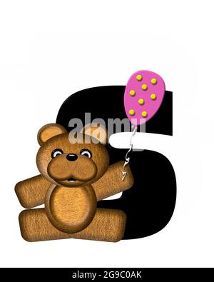 Der Buchstabe S im Alphabet-Set „Teddy Birthday“ ist schwarz. Teddybär, Partyhut und Luftballons schmücken den Brief. Stockfoto