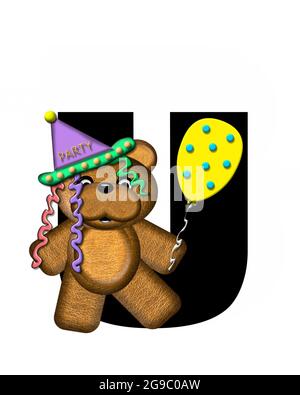 Der Buchstabe U im Alphabet-Set „Teddy Birthday“ ist schwarz. Teddybär, Partyhut und Luftballons schmücken den Brief. Stockfoto